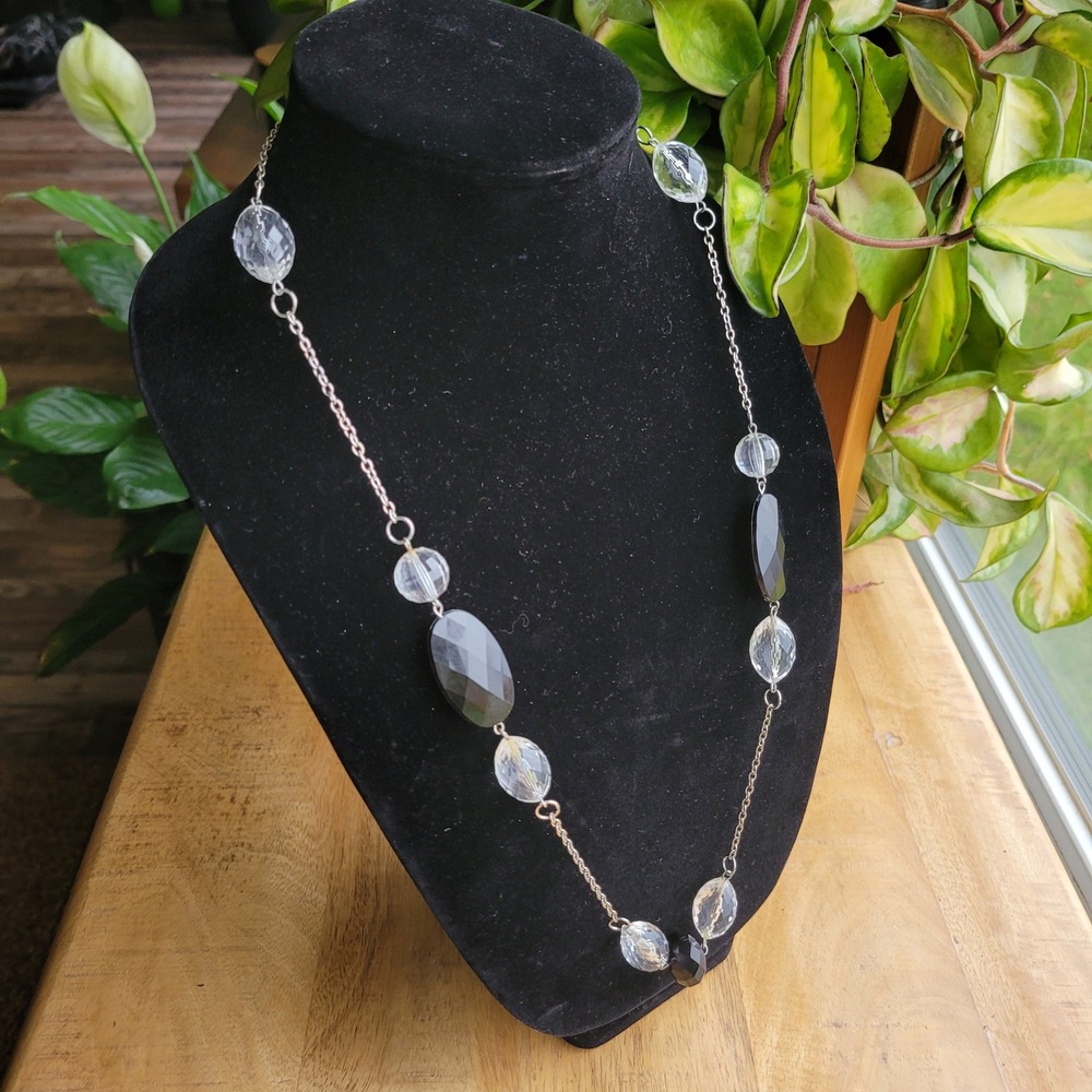 Silver Tone Chain Necklace‎ Faceted Black Clear Plastic Beads Fashion Jewelry